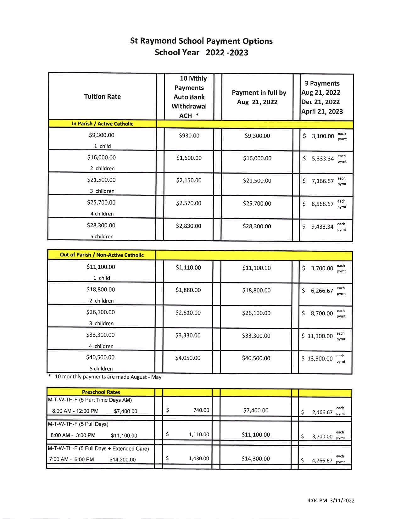 Tuition, Fees, Assistance St. Raymond School
